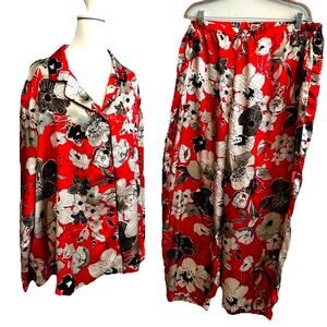 VTG KIM ROGERS SATIN PAJAMA SET Nightgown SIZE Plus Size 3XL Red Floral 80s